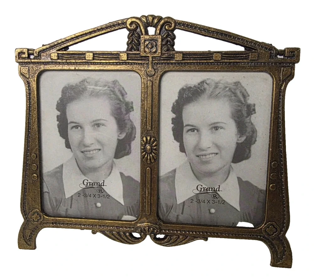 Ornate Double Picture Frame Bronze Tone Metal 2 Photo Italy Easel 2.75x3.5